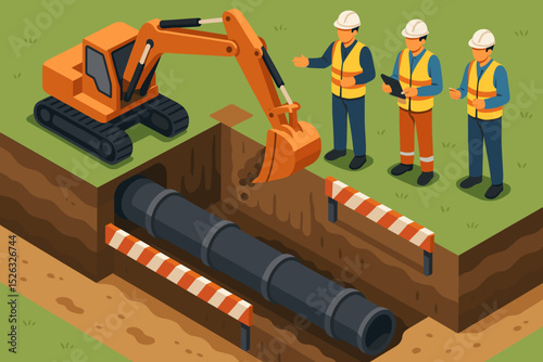 Isometric vector illustration of construction workers supervising a pipeline installation project. Engineers with an excavator digging a trench for a water or gas supply infrastructure.