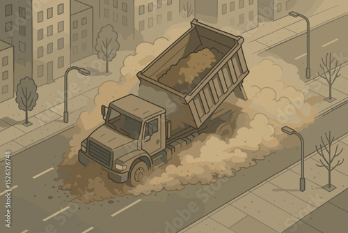 Isometric dump truck dumping dirt. Tipper lorry unloading sand on city street. Dust cloud causing urban air pollution. Construction site. Illegal waste disposal concept. Vector.