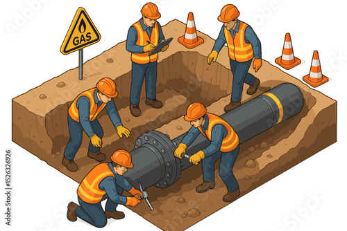 Pipeline repair team working on a gas main. Isometric vector illustration of construction workers in a trench fixing an industrial pipe. Utility maintenance, energy infrastructure.