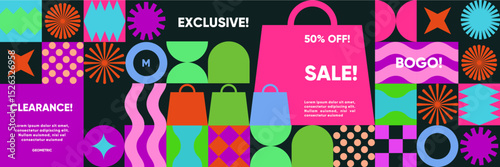 Modern clearance sale layout with geometric icons, shopping bags, and bright promotional labels like 50% off, BOGO, and exclusive offer blocks.