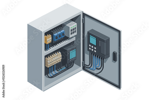 Isometric electrical control cabinet. Industrial power panel with PLC controller, relays, and switchboard for smart factory automation. Concept of industry 4.0 technology.