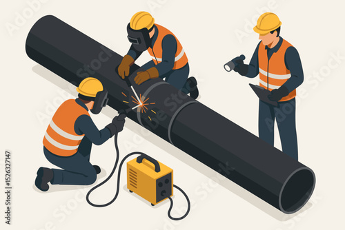 Industrial welders constructing an oil or gas pipeline. A team of workers in protective gear joining metal pipes while a supervisor performs quality control inspection.