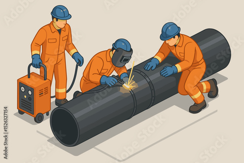 Pipeline welding technicians team at work. Industrial workers in safety gear welding a large metal pipe. Welder with mask and sparks. Isometric illustration for construction industry.