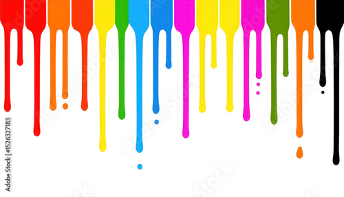 Vibrant multicolored paint drips flowing downward in a striking gradient sequence on a black surface.