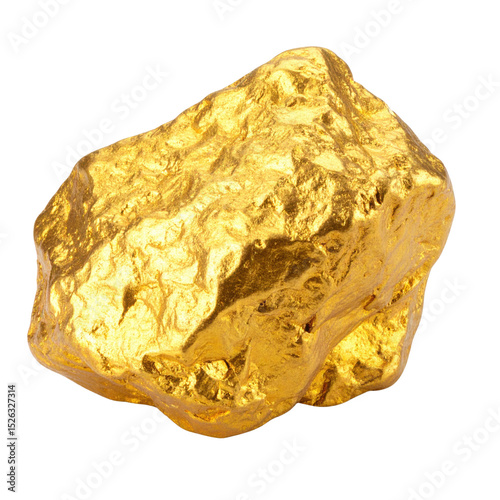 A shiny, irregularly shaped gold nugget with a textured surface and bright, metallic luster.