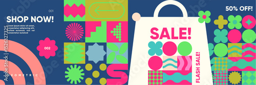 Colorful shopping composition with flash sale, bags, and flower symbols, combining playful geometric patterns and a clean sale typography.