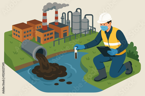 Scientist testing water quality. Environmental inspector taking a sample of polluted wastewater from an industrial factory pipe. Ecology, contamination, and research concept vector.