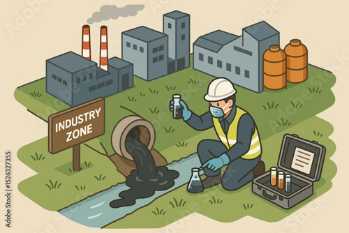 Scientist testing wastewater from factory. Concept of industrial pollution, water quality analysis, environmental contamination, and ecological inspection in an industry zone.