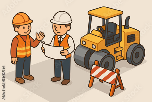 Construction crew at work vector illustration. Engineer and builder discussing a blueprint on a building site with a steamroller. Teamwork and planning concept for road work.