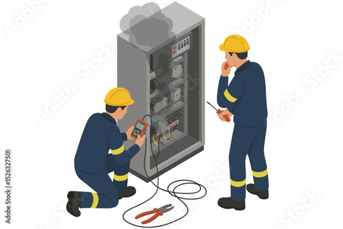 Electricians repair a smoking electrical cabinet. Industrial maintenance team troubleshoot burnt PLC control panel. Engineers fix equipment after short circuit. Safety concept. Isometric.