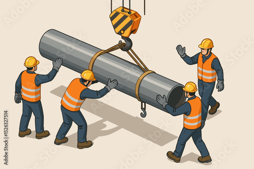 Isometric vector of construction workers coordinating a crane operation. Team of builders in hard hats and vests guiding a large metal pipe. Industrial teamwork concept.