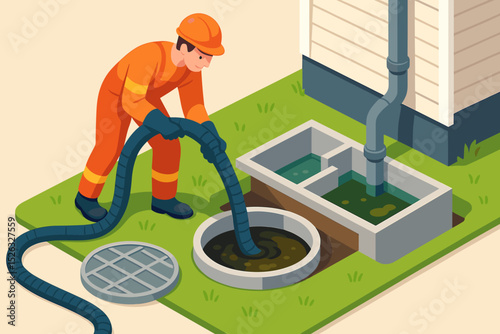 Septic tank cleaning service concept. Plumber in uniform pumping sewage from an underground tank. Wastewater management and home plumbing maintenance isometric vector illustration.