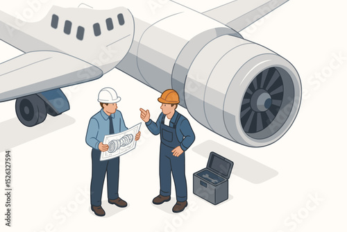 Aircraft maintenance team with engineer and mechanic discussing jet engine repair. Isometric illustration of aviation industry professionals collaborating with a technical blueprint.