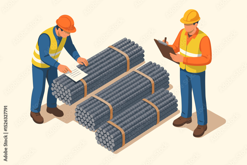 Isometric illustration of construction workers doing quality control inspection on rebar. Engineer with clipboard checking steel reinforcement. Building materials and logistics concept.