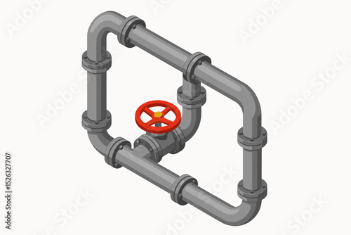 Isometric industrial pipeline with a red valve for flow control. Pipe connection with flanges for factory systems. Vector element for plumbing, gas, oil, or water industry.
