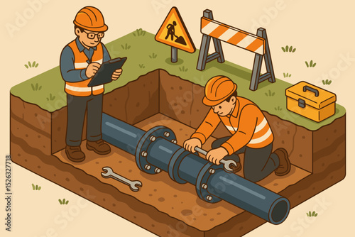 Underground pipeline construction and repair. Workers in trench fixing water main. Plumber uses wrench, supervisor inspects. Isometric vector concept for infrastructure and utilities.