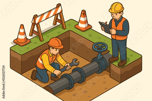 Isometric illustration of workers repairing an underground pipeline. A plumber in a trench with a wrench and a supervisor inspecting. Construction, utility maintenance, teamwork concept.