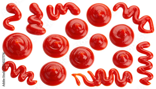 Red ketchup dollops and squiggles in various sizes and shapes.