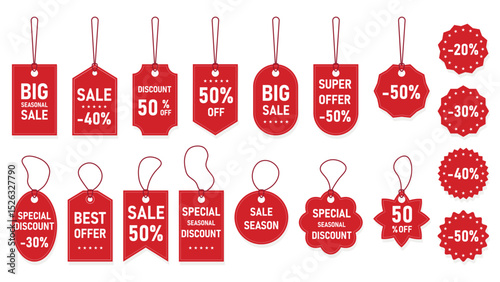 Big set of red discount labels. Price tag template for seasonal sale. Labels, stickers, icons for special discount offer on goods and products, vector elements