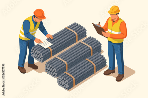Isometric illustration of construction workers doing quality control inspection on rebar. Engineer with clipboard checking steel reinforcement. Building materials and logistics concept.