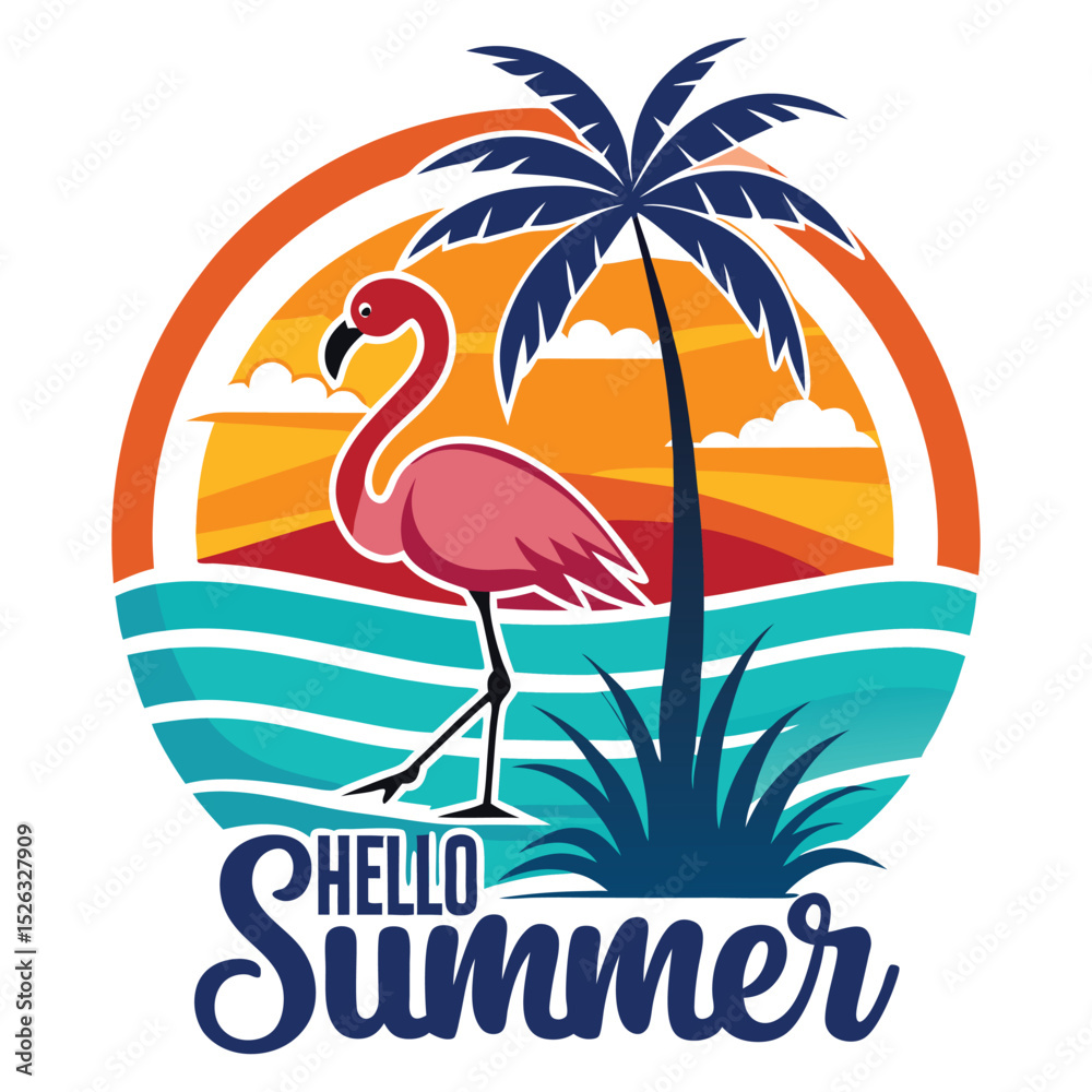 Naklejka premium Tropical island beach illustration with palm trees bird and summer sun