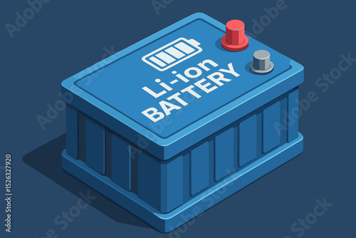 Isometric Li-ion battery vector illustration. Electric vehicle EV car accumulator concept. Renewable green energy storage and power source. Rechargeable cell technology icon.
