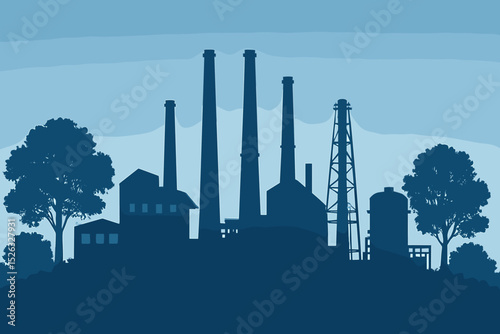 Industrial factory silhouette with trees, smokestacks, and refinery tower. Concept of industry versus nature, pollution, manufacturing, and energy production. Vector landscape.
