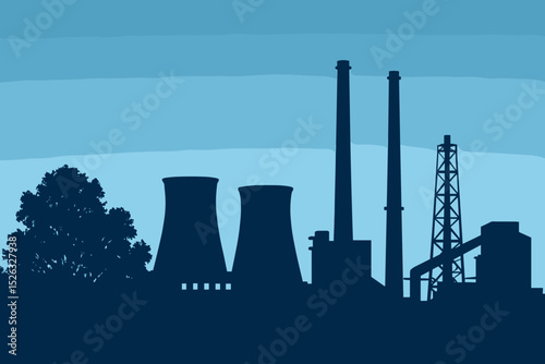 Industrial factory silhouette with power plant. Vector landscape with cooling towers and smokestacks. Concept for energy generation, manufacturing, pollution, and heavy industry.