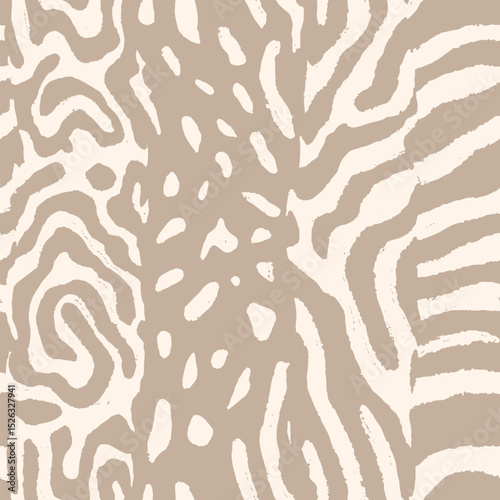Modern animal print. Vector seamless pattern. Trendy background with mixed animal-inspired exotic textures, spots and stripes. Abstract safari wildlife fur skin background. Beige color. Repeat design