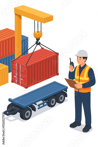 Port inspector managing cargo loading with a crane at the dockyard. Foreman with walkie-talkie supervising freight container delivery. Isometric vector for logistics and supply chain industry.