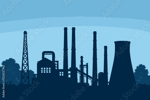 Industrial factory silhouette vector illustration. Power plant with smokestacks and cooling tower. Manufacturing landscape. Concept for energy production, pollution, and industry.