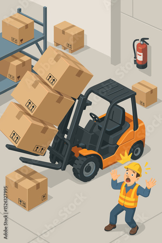 Forklift overload hazard causing an accident in a warehouse. A shocked worker is in danger from falling boxes. Workplace safety, risk, and industrial injury concept isometric illustration.