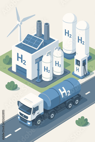 Green hydrogen energy production concept isometric illustration. Renewable H2 facility with solar panels, wind turbine, storage tanks, transport tanker truck, and refueling station.