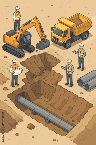 Pipeline construction supervision isometric vector. Engineers with blueprint at building site. Civil engineering project with heavy machinery, excavator, truck, trench, and pipes.
