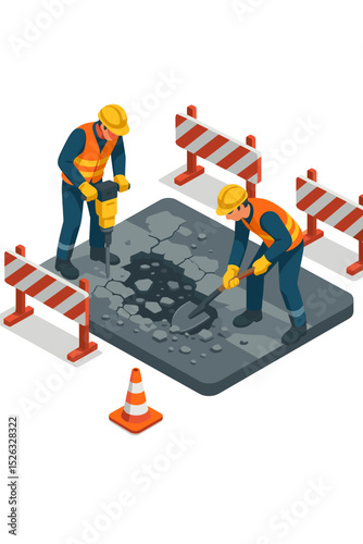Isometric road repair concept. Construction workers fixing a street pothole. Roadworks crew with jackhammer and shovel breaking asphalt. Highway maintenance vector illustration.
