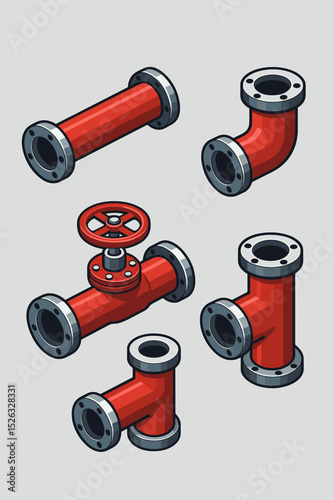 Isometric industrial pipe connections vector set. Red pipeline elements with valves and fittings for construction and plumbing. Engineering factory equipment cartoon illustration.