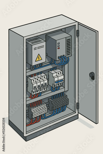 Electrical control cabinet isometric illustration. Open industrial power panel with circuit breakers, relays, and terminal blocks. Switchboard for electricity distribution. Automation concept.