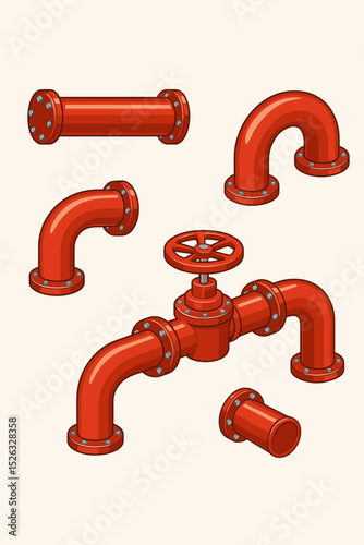 Red industrial pipes vector set. Collection of isometric pipeline parts with valve, elbow joints, and flanges. Plumbing constructor elements for water, gas, or fire system.