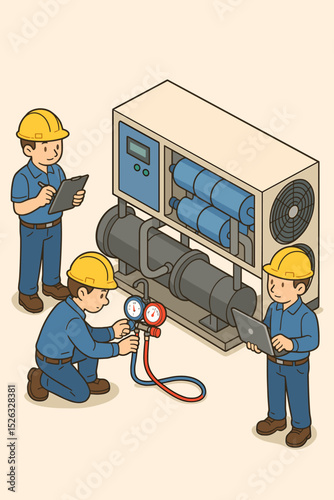 HVAC technician team works on an industrial cooling unit. Engineers perform maintenance, repair, and diagnostics on a chiller system. Isometric vector cartoon illustration concept.