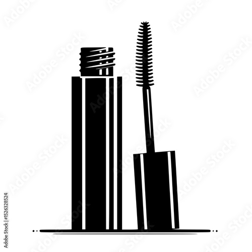 A minimalist black silhouette of a mascara tube and wand