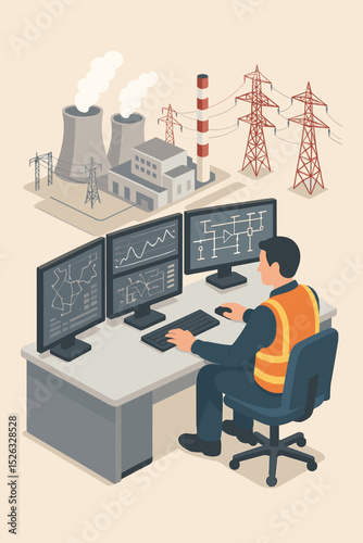 Control room operator managing power grid and energy generation. Engineer at computer desk monitoring nuclear plant and electricity distribution. Isometric industrial vector concept.