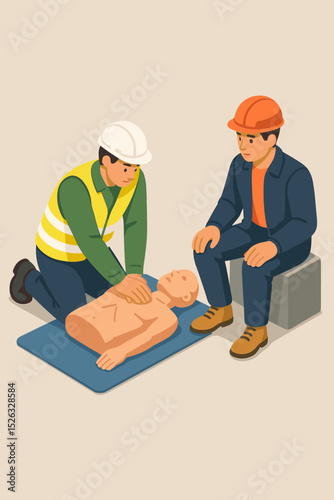 Workplace safety training concept. First aid instructor demonstrating CPR, cardiopulmonary resuscitation, on a manikin. Industrial worker learning emergency life saving procedure.