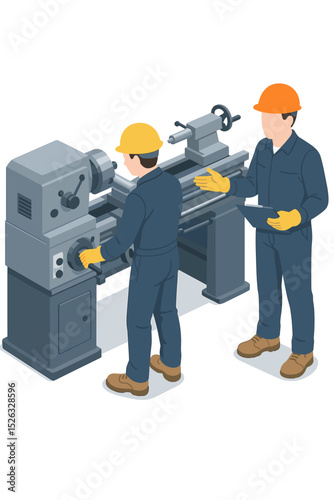 Factory worker training an apprentice on a metal lathe machine. Isometric vector illustration of an instructor teaching a student. Concept for manufacturing and vocational education.