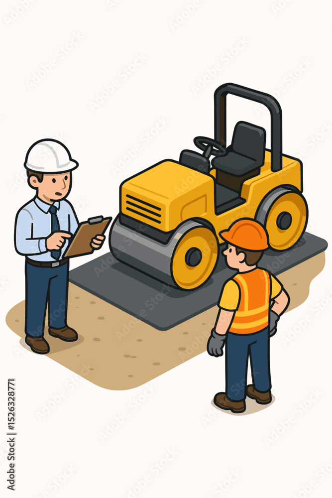 Fototapeta premium Road construction scene with engineer and worker discussing the project plan. Supervisor with clipboard inspecting asphalt paving with a steamroller. Infrastructure development concept.