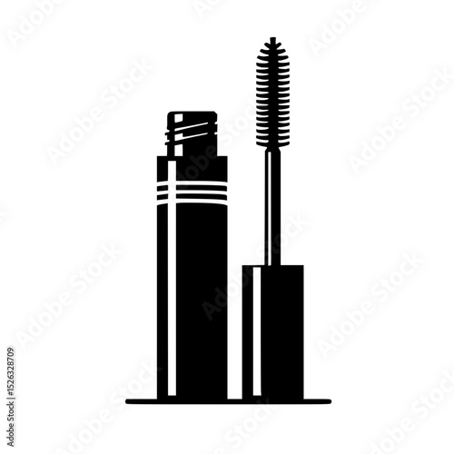 A minimalist black silhouette of a mascara tube and wand