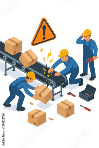Isometric concept of conveyor belt malfunction and industrial accident. Workers repair broken factory production line. Workplace safety, logistics disruption, urgent maintenance concept.