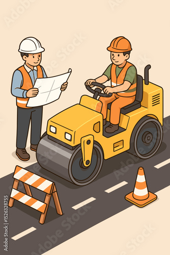 Road construction scene with workers. Engineer holding blueprint discusses plans with operator driving a steamroller. Teamwork concept for building infrastructure and road repair.