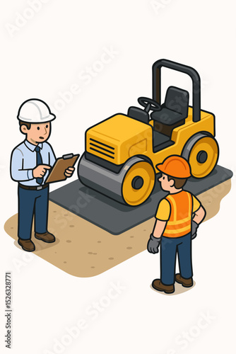 Road construction scene with engineer and worker discussing the project plan. Supervisor with clipboard inspecting asphalt paving with a steamroller. Infrastructure development concept.