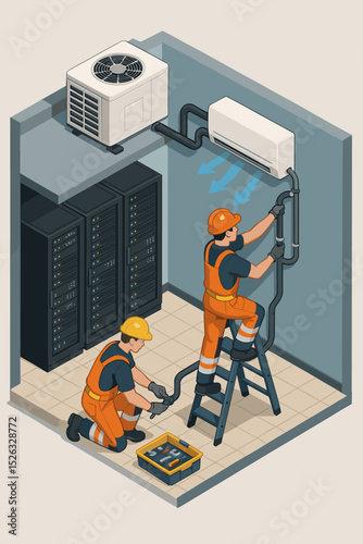 HVAC technicians installing an air conditioning unit in a server room. Isometric vector of engineers maintaining a data center cooling system. Climate control maintenance service.