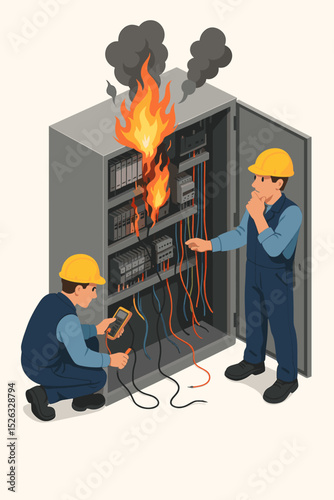 Electrical fire emergency concept. Electricians troubleshooting a burning PLC control panel. Isometric vector illustration of a short circuit, industrial accident, and safety hazard.